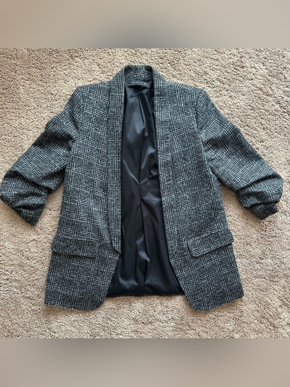Zara Gray Plaid Open-Front Wool Blazer Jacket with built in scrunched sleeves